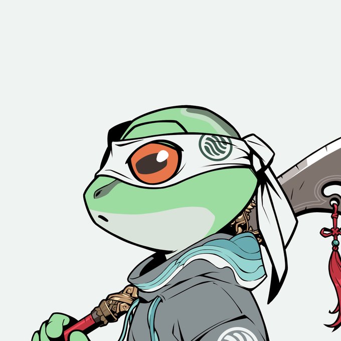 A cartoon illustration of a green lizard/gecko character wearing a ninja-style headband and dark outfit, holding a large weapon.