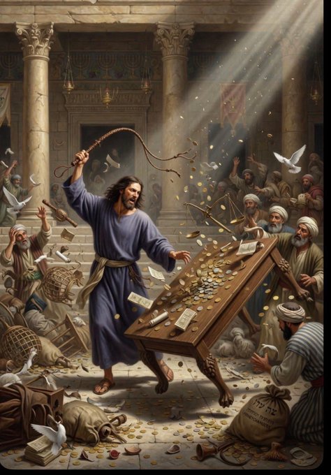 An artistic painting depicting Jesus cleansing the temple, driving out merchants and overturning tables of coins while doves fly through the scene.