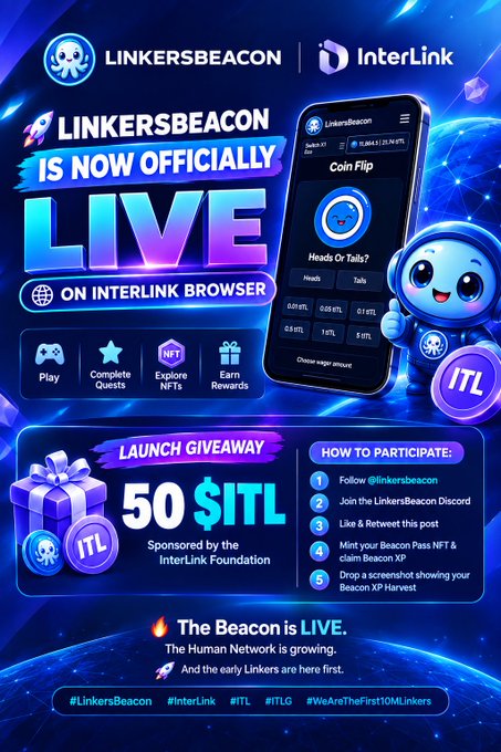 Promotional graphic announcing "LINKERSBEACON IS NOW OFFICIALLY LIVE ON INTERLINK BROWSER," featuring a $50 ITL launch giveaway sponsored by the InterLink Foundation, with participation steps and hashtags like #LinkersBeacon, #InterLink, #ITL, and #WeAreTheFirst10Linkers.