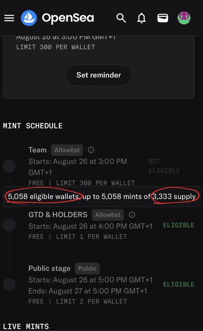 A screenshot of OpenSea's mint schedule page shows a drop limited to 3,333 supply but listing 5,058 eligible wallets on the allowlist, exposing that some listed wallets were not actually eligible to mint—supporting the post's claim that OpenSea's new feature helps reveal grifters over-allocating spots.