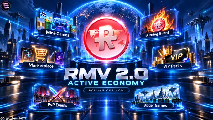 Promotional graphic for "RMV 2.0 ACTIVE ECONOMY" with "ROLLING OUT NOW," showcasing features like Mini-Games, Marketplace, Burning Event, VIP Perks, PvP Events, and Bigger Games against a futuristic cityscape.