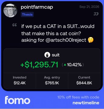 A Fomo app screenshot dated Sep 21, 2026 shows a thesis post from pointfarmcap asking "if we put a CAT in a SUIT...would that make this a cat coin?", with SUIT token priced at +$1,295.71 (up 10.42%).