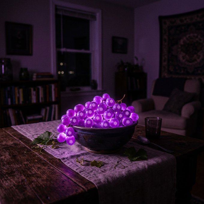 A bowl filled with glowing purple grapes sits on a wooden table in a dimly lit room, with a window, bookshelf, and armchair visible in the background.