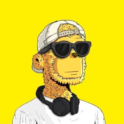 A cartoon illustration depicts a yellow bear-like character wearing a backwards white cap, black sunglasses, a white t-shirt, and black headphones around its neck against a bright yellow background.