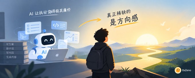 The illustration shows a cute blue and white AI robot working at a laptop on the left, surrounded by task icons labeled "写方案" (write proposal), "做计划" (make plan), "写代码" (write code), and "生成内容" (generate content), with the headline "AI 让执行变得极其廉价" (AI makes execution extremely cheap). On the right, a young man with a backpack stands overlooking a sunlit mountain landscape with a winding path, accompanied by the text "真正稀缺的是方向感" (What's truly scarce is direction). The "OzzZeno" logo appears in the bottom right corner, visually reinforcing the post's message that while AI handles execution effortlessly, humans must provide the meaningful direction and purpose.