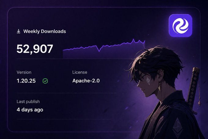 A dashboard graphic showing 'Weekly Downloads: 52,907', Version '1.20.25', License 'Apache-2.0', and 'Last publish: 4 days ago', alongside an anime-style character with a sword.