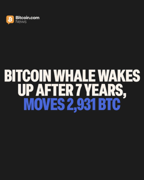 A black graphic from Bitcoin.com News displays bold white and blue text reading "BITCOIN WHALE WAKES UP AFTER 7 YEARS, MOVES 2,931 BTC," highlighting the headline of the post about a dormant Bitcoin whale transferring 2,931 BTC (~$188M) after being inactive since October 2018.