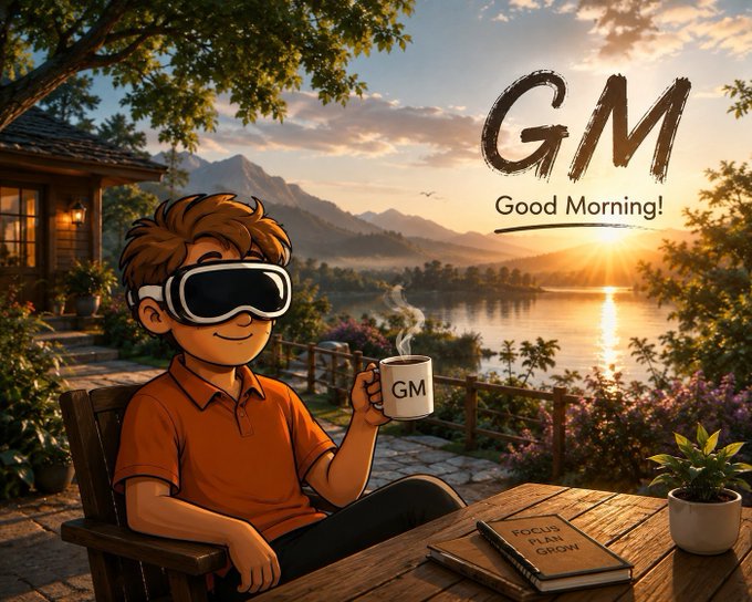 An illustration of a cartoon boy wearing a VR headset and holding a "GM Good Morning" mug, sitting on a patio overlooking a scenic lake at sunrise, with a "Focus and Grow" notebook on the table.