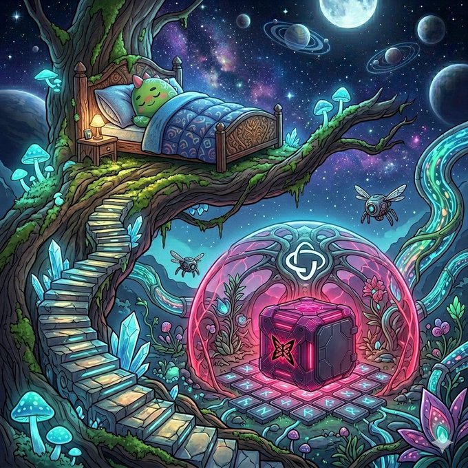 The image features a cartoon illustration of a sleeping green monster with a blue bed, surrounded by mushrooms and plants. The monster appears to be asleep under a tree, while other elements like a mushroom house and a crystal box are also present in the scene. The post is about tracking the monster's movements on social media platforms, specifically mentioning that it was following @NucleusCodes' account.