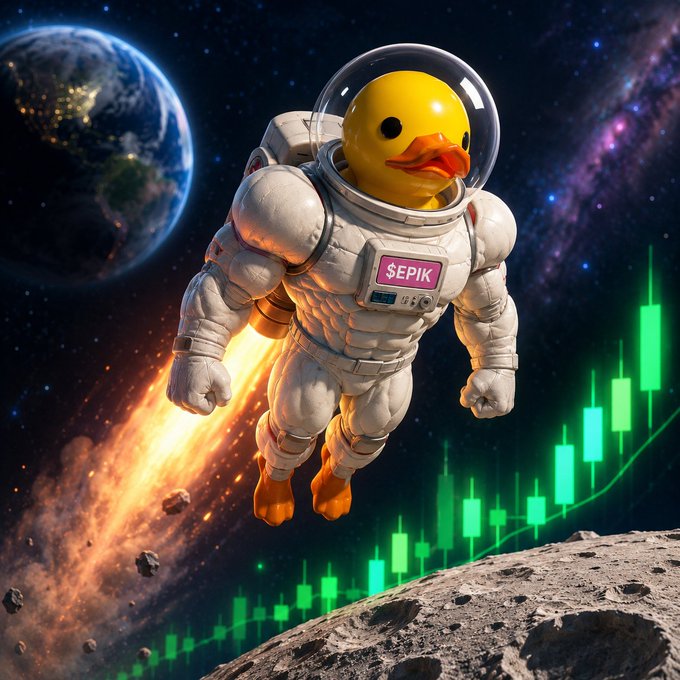 A digital artwork of a yellow rubber duck wearing a white astronaut suit labeled '$EPIK' floating in space with Earth in the background, rocket flames, and a green candlestick price chart indicating bullish growth.