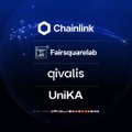 The image displays logos for Chainlink, Fireguarant, qivalis, and UniKA, representing key partners or institutions involved in the discussion about Chainlink's Project Pangea and its impact on transforming the international Forex market alongside 50+ global banks, as highlighted in the accompanying post.