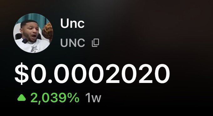 A Robinhood or trading app screenshot showing a stock/crypto ticker 'UNC' priced at $0.0002020, up 2,039% over 1 week.