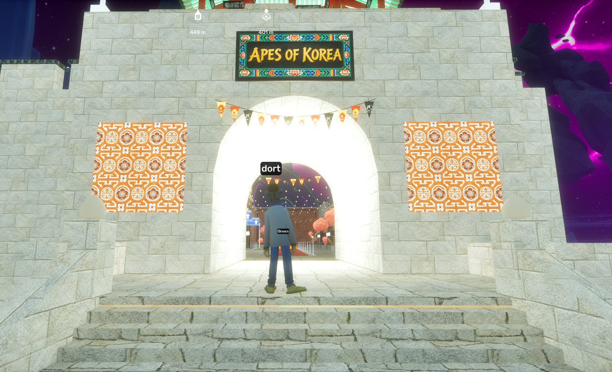 A virtual environment showing an avatar named 'Green' standing before an arched entrance labeled 'APES OF KOREA' with decorative banners and patterned wall hangings.
