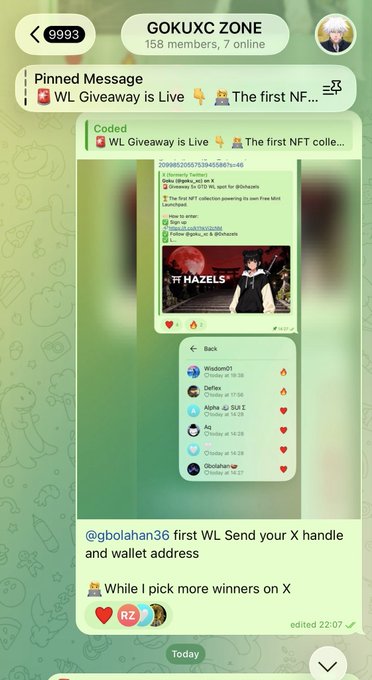 A screenshot of a Telegram chat called 'GOKUXC ZONE' showing pinned messages about a 'WL Giveaway' with 158 members and images related to 'HAZELS'.