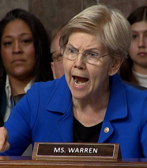 Senator Elizabeth Warren, identified by the "MS. WARREN" nameplate, is shown shouting with an angry, intense expression at what appears to be a congressional hearing, visually conveying the strong hostility toward crypto referenced in the post.
