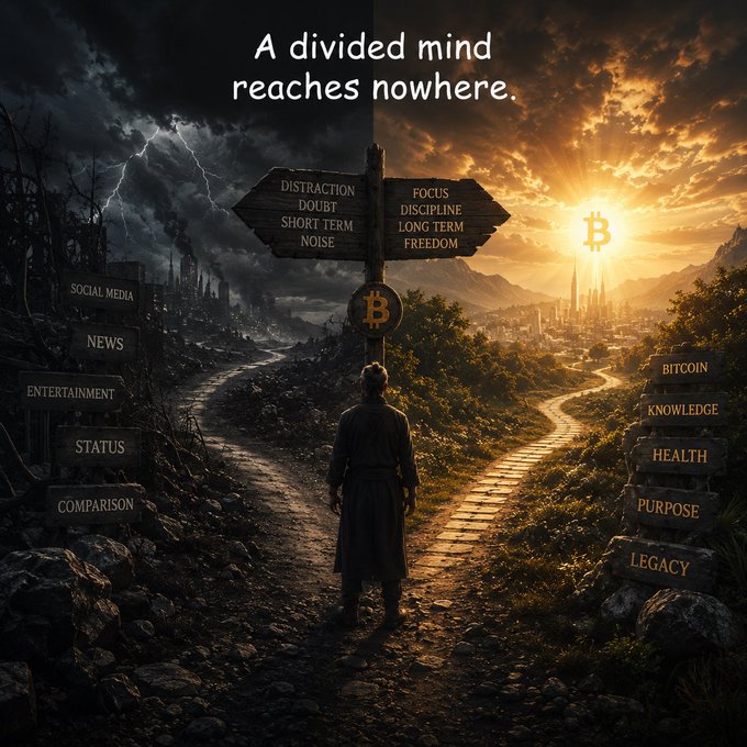 A motivational image showing a person at a crossroads with the text 'A divided mind reaches nowhere,' contrasting distraction/doubt/short term/noise with focus/discipline/long term/freedom, alongside values like Bitcoin, Knowledge, Health, Purpose, and Legacy.