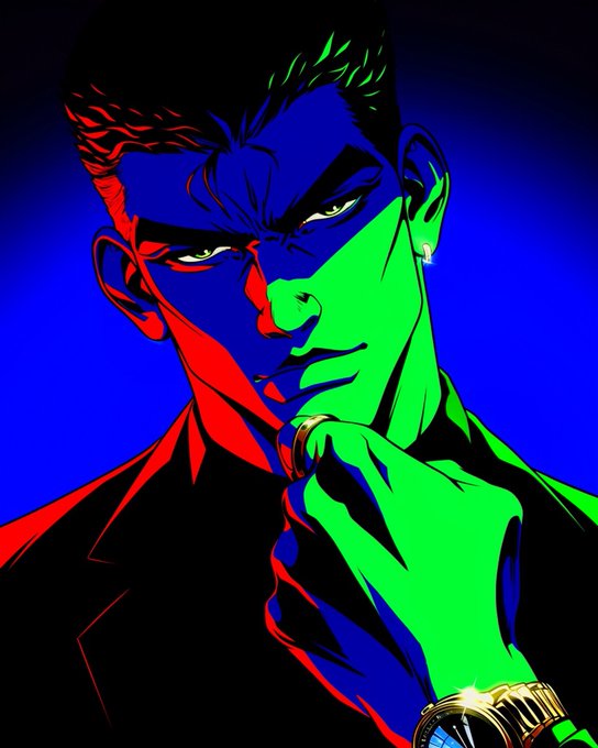 Stylized illustration of a man in dramatic blue, green, and red lighting wearing an earring and rings, holding his chin in a contemplative pose.