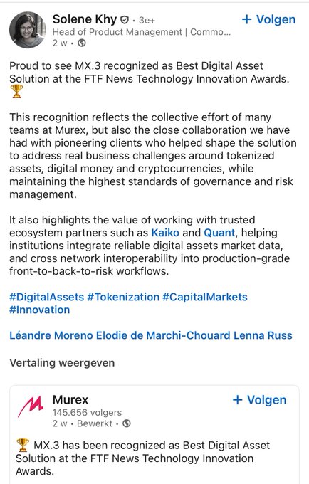 A LinkedIn post by Solene Khy, Head of Product Management at Murex, announcing that MX.3 was recognized as Best Digital Asset Solution at the FTF News Technology Innovation Awards, with Murex crediting partners Kaiko and Quant ($QNT) for helping integrate digital asset market data into production-grade workflows.