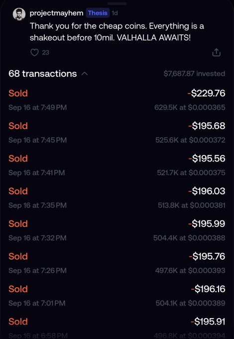 A Twitter/X post by 'projectmayhem' discussing cheap coins and 'VALHALLA AWAITS!', showing 68 transactions with multiple 'Sold' entries totaling -$195 to -$229 each on Sep 16.
