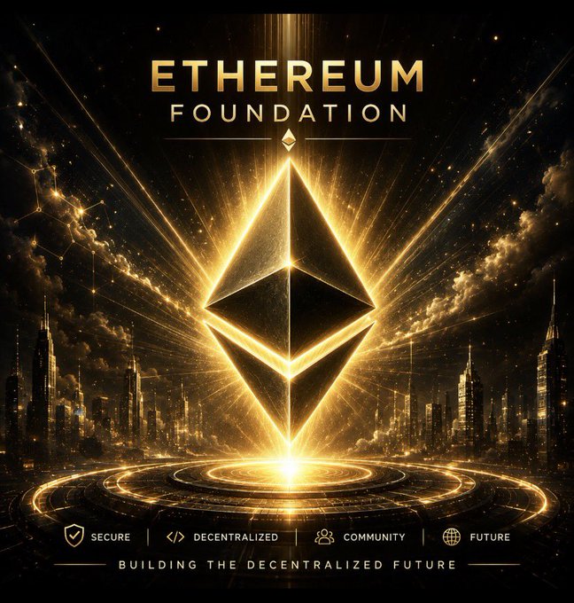 The image displays a dramatic, gold-accented graphic featuring the Ethereum logo (the diamond-shaped octahedron) radiating light above a futuristic cityscape, with "ETHEREUM FOUNDATION" text at the top and bottom icons labeled "SECURE," "DECENTRALIZED," "COMMUNITY," and "FUTURE," along with the tagline "BUILDING THE DECENTRALIZED FUTURE." This visually reinforces the post's announcement about a respected security researcher joining the Ethereum Foundation's Board of Directors, highlighting the project's commitment to its core pillars—particularly security—while emphasizing the fundamental (rather than price-driven) significance of the appointment.