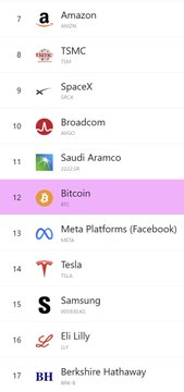 A screenshot of a ranking list showing companies and assets by market cap, with Bitcoin highlighted at #12, followed by Meta Platforms, Tesla, Samsung, Eli Lilly, and Berkshire Hathaway.
