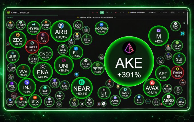 A cryptocurrency bubbles visualization from Coingecko showing various tokens, with AKE prominently displayed at +391%.