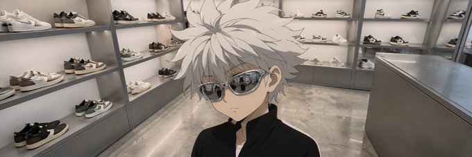 An anime-styled character with messy white/silver hair and sunglasses stands inside a sneaker store with shelves of shoes displayed in the background.
