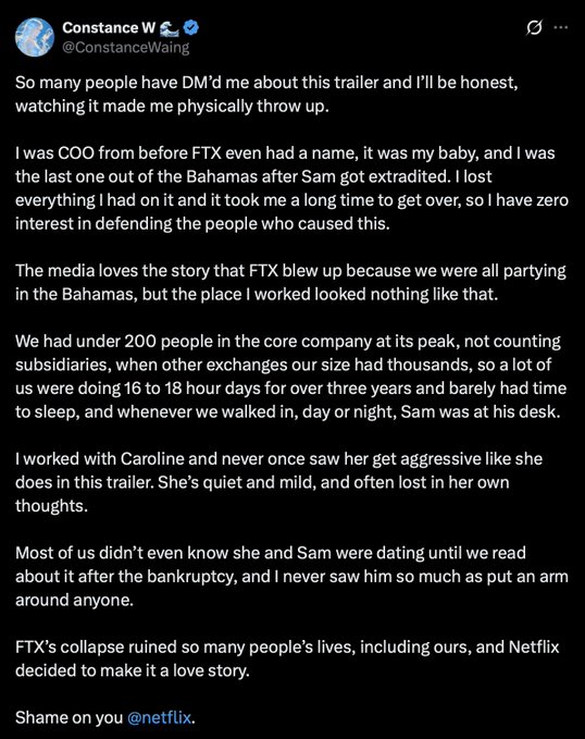 A screenshot of a tweet from Constance W (@ConstanceWaing), former COO of FTX, criticizing Netflix's new FTX series "The Altruists," calling it a "love story" that disregards the real harm caused by the company's collapse. She describes her experience working at FTX, claiming the trailer made her physically ill and that the portrayal of the workplace was inaccurate, with only around 200 employees working long hours rather than partying as depicted.