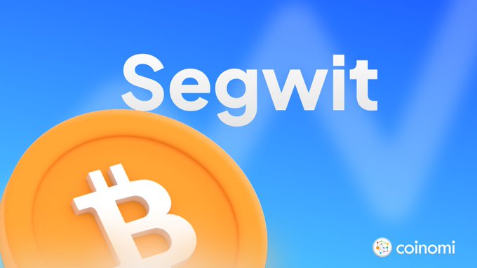 The image features a coin icon with a Bitcoin symbol on top of an orange coin, set against a blue background. The text "SEGWIT" is written above the coin icon, and below it, there are two lines of text that read "Coinomi supports native SegWit (Bech32) for $BTC + more - and you can switch between address formats anytime".