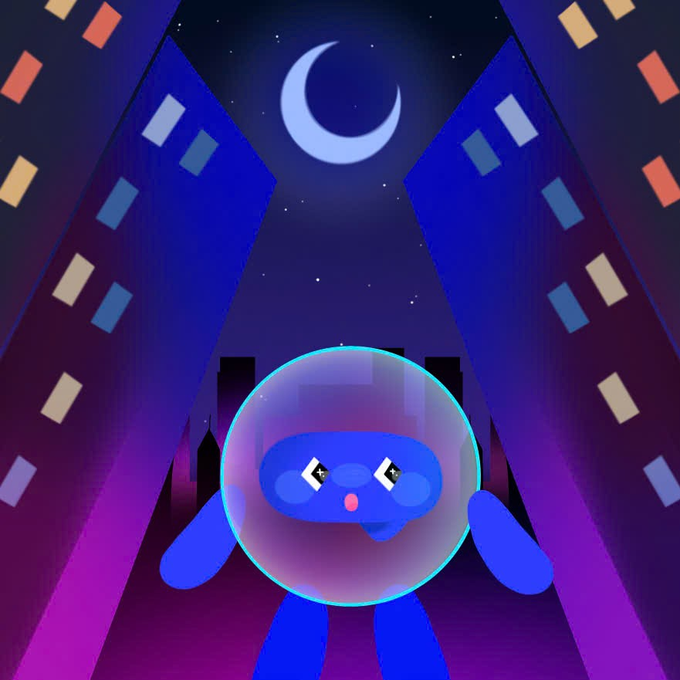 A digital illustration of a cute blue bubble-like character with a face wearing a spacesuit helmet, set against a nighttime cityscape with a crescent moon and stylized buildings.
