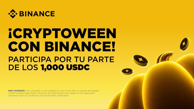 Promotional banner for Binance’s “¡CRYPTOWEEN CON BINANCE!” campaign, inviting users to participate for a share of “1,000 USDC” in rewards, with a link and applicable terms noted. The yellow Halloween-themed graphic features black Binance branding, bold text, and floating gold coin-like decorations.