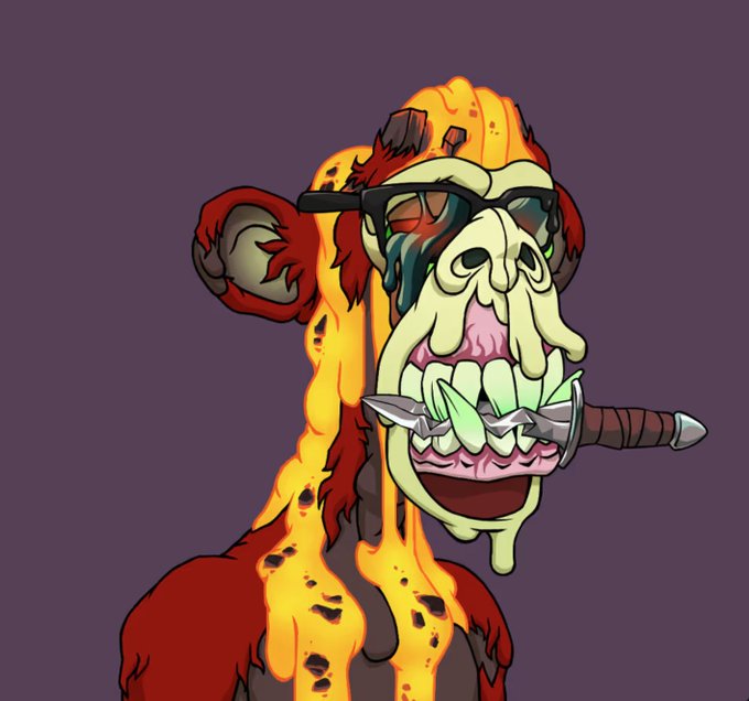 A grotesque cartoon illustration depicts a melting, skeletal monkey-like creature with sunglasses and a knife held in its green teeth, oozing slime and flames.