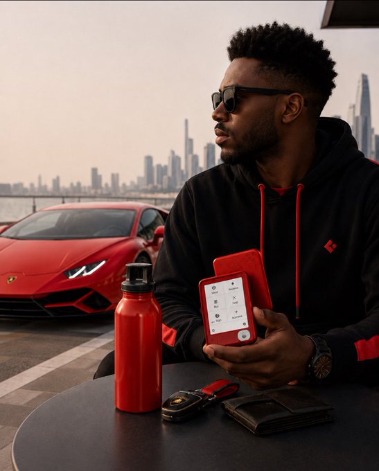 A stylish man in a black hoodie with red accents sits confidently with a red Lamborghini Huracán parked behind him, holding a red smartphone alongside a matching red water bottle and accessories. The all-red coordinated elements—from the sleek sports car to the monochromatic personal items—visually embody the post's message about red carrying an effortless, commanding "alpha vibe" on its own.