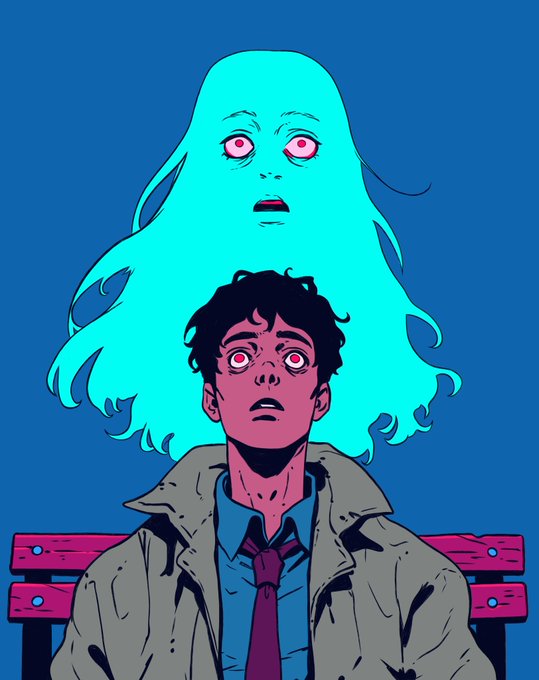 An illustrated comic-style artwork showing a young man in a tan trench coat and tie sitting on a red bench, looking shocked, with a ghostly teal-haired figure looming behind him.