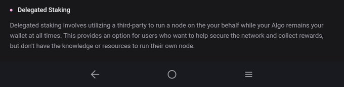 A screenshot of a "Delegated Staking" information screen on what appears to be the Pera Algo Wallet app, explaining how delegated staking uses a third-party to run a node while keeping Algo in the user's wallet. The post points out two typos in the text: "third-party" is misspelled as "third-party" missing the hyphen, and "knowledge" appears with an extra 'e' as "knowlege."