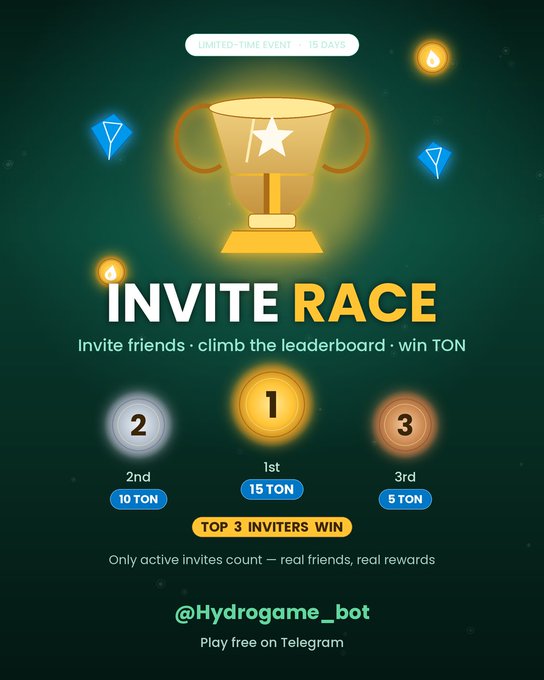 The image features a poster for an Invite Race game, which encourages players to invite their friends to join them in a fun gaming experience. The poster displays three different levels of invitationals, with each level corresponding to a specific number of coins needed to win. The top 3 inviters will be rewarded with a gold trophy and a chance to win real TON 1st place, 2nd place, or 3rd place. The poster also includes a social media share button for users to spread the word about the game and its prizes.