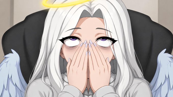 The image features an anime-style angel character with white hair, a golden halo, and white wings, sitting in a chair while covering her mouth with her hands and giving a mischievous, knowing look through purple eyes. The character's playful and secretive expression perfectly matches the post's playful Monday giveaway theme, hinting at the surprise of selecting a random winner for the Overnads NFT gift.
