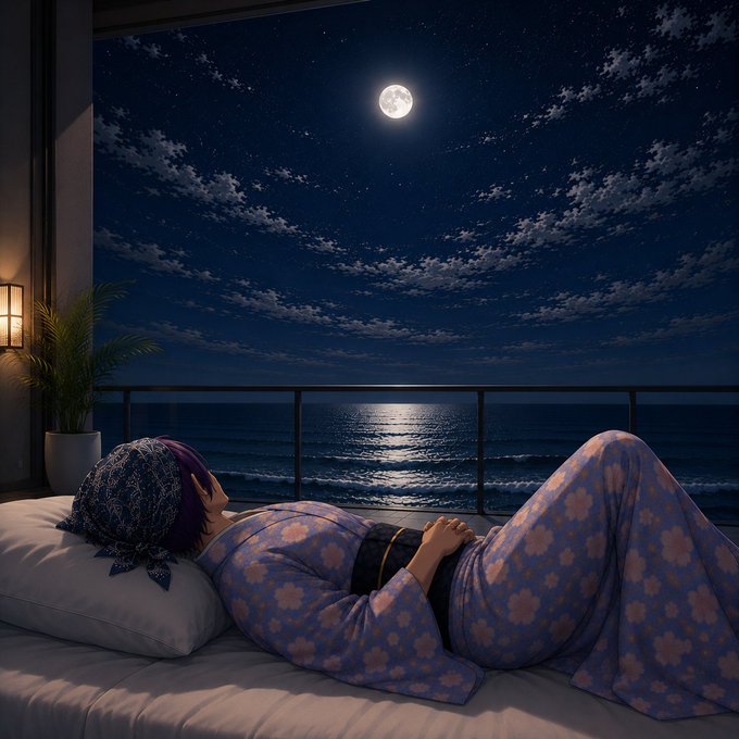 An anime-style illustration of a person with purple hair wearing a floral kimono, resting on a bed while gazing out at a moonlit ocean view.
