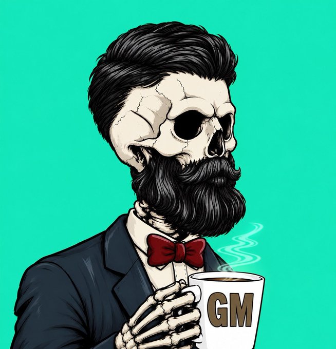 An illustrated skull-faced bearded man in a dark suit with a red bow tie holds a coffee mug labeled 'GM' against a bright turquoise background.