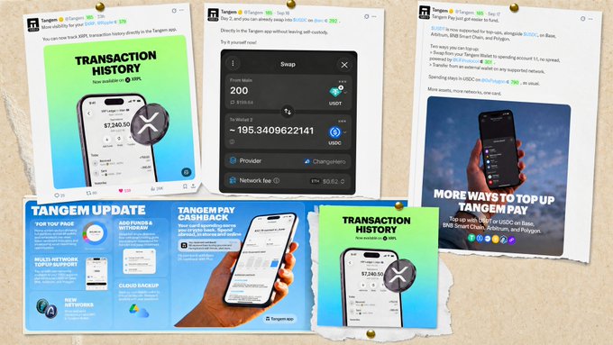 A promotional collage of Tangem crypto wallet social media posts featuring updates about transaction history, swap functionality, and Tangem Pay cashback features.