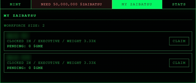 The image displays a terminal-style interface for "MY ZAIBATSU" showing a workforce size of 2, with two executives clocked in at weight 3.33X and 0 $GME pending for each claim. This relates to the accompanying post about being "at work" in the Zaibatsu NFT collection, likely indicating the user is earning $GME tokens through their virtual executive workforce while away from other tasks.