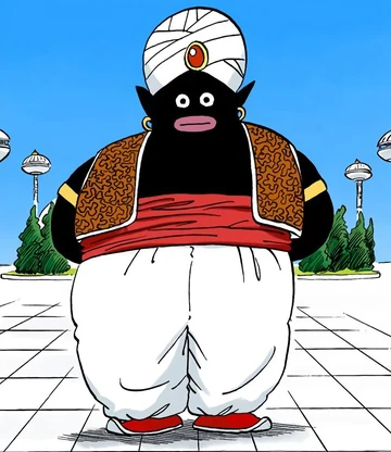 A cartoonish dark-skinned genie figure wearing a turban with a red gem, patterned vest, red sash, and baggy white pants stands against a blue sky with futuristic towers, serving as a meme mascot for the "$POPO" token launch announcement.