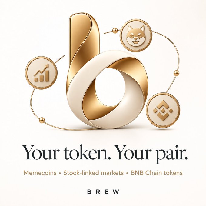 A sleek 3D render features intertwined gold and cream ribbons forming an abstract "b" shape, surrounded by floating circular tokens—including a Shiba Inu face (memecoin), a stock growth chart, and the BNB Chain diamond logo—above the text "Your token. Your pair. Memecoins • Stock-linked markets • BNB Chain tokens" with "BREW" displayed at the bottom. The visual ties directly to the post's message, illustrating how $BREW on BSC empowers founders to launch tokens paired with assets their communities already care about, whether memecoins like $SHIB, traditional stocks, or BNB Chain tokens, rather than forcing engagement from scratch.