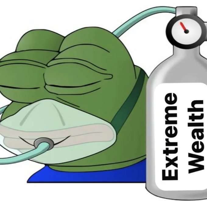 An illustration of an extremely muscular green character wearing a diaper, connected by a tube to a metal pressure tank labeled "Extreme Wealth" with a built-in gauge.
