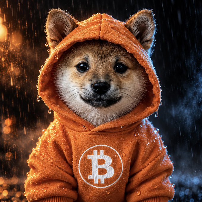 A digital artwork of a fox's face wearing an orange hooded sweatshirt covered in rain droplets, featuring a prominent Bitcoin (₿) logo on the chest, set against a dark stormy background with blue and orange lighting.