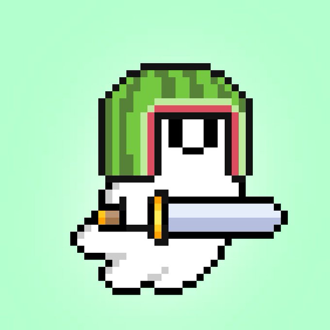 A pixel art character with green hair and a red headband holds a sword against a light green background.