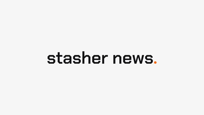 A minimalist white background with the black and orange logo text "stasher news."