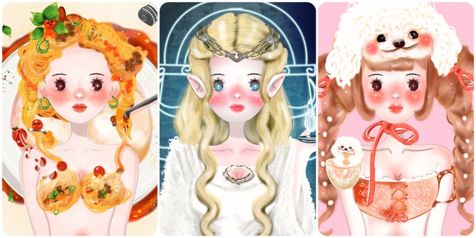 Three anime-style illustrations of stylized female characters, each with a food-related theme (spaghetti, an elven figure, and a dessert motif) in a kawaii art style.