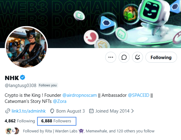 A Twitter profile for 'NHK' (@langtusg0308) with 6,888 followers, a Catwoman avatar, and the bio 'Crypto is the King ! Founder @airdropnoscam || Ambassador @SPACEID || Catwoman's Story NFTs @Zora'.