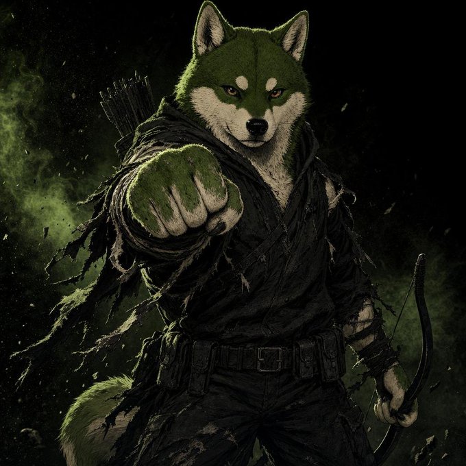 A dark fantasy digital illustration of an anthropomorphic wolf dressed in tattered black ninja clothing, holding a bow and pointing a fist forward in a misty green atmosphere.